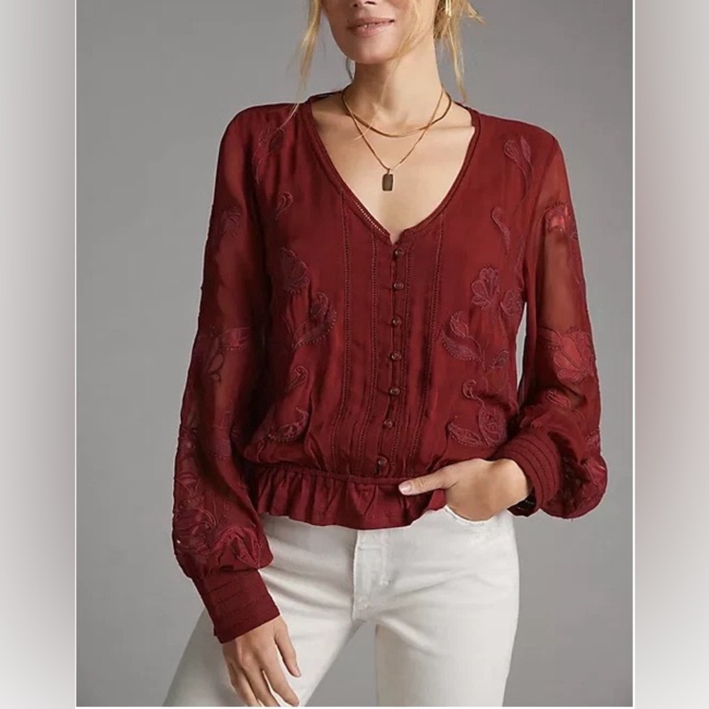 Anthropologie Burgundy Embroidered Sheer Long-Sleeve Blouse - Picture 2 of 7